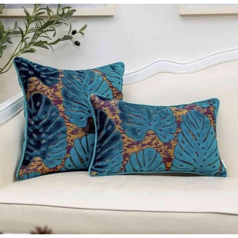 Alerfa Monstera‎ Leaf Pillow Embroidery Cut Velvet Cushion Case Lux Set Of 3